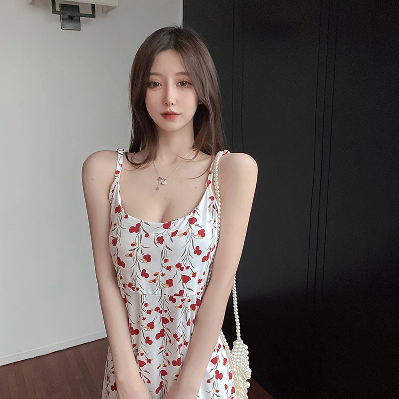 

Sannian Floral Sling Dress Women Summer 2021 New Fashion Round Collar Temperament Wear Beach Party Dress Women Clothes