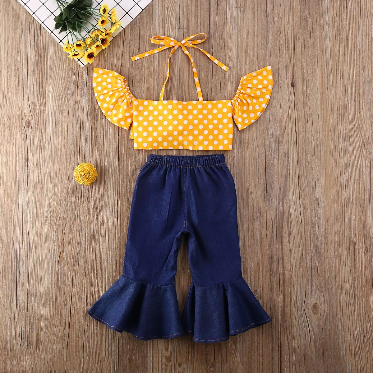 2020 Summer Kids Clothing Toddler Baby Girl Polka Tops Vest T-shirt Denim Pants Bell Bottom Jeans Outfit Clothes Sets | Детская одежда