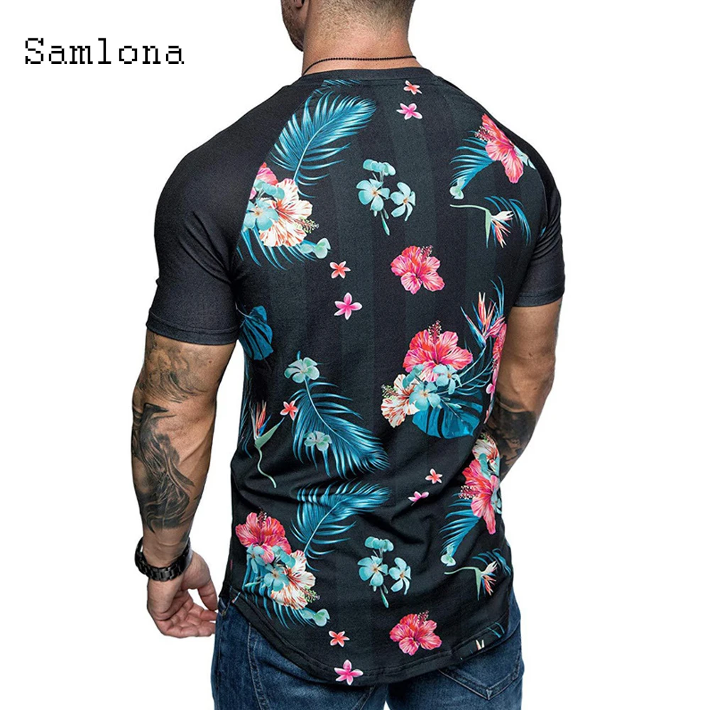 

Samlona Plus SIze Mens clothing Skinny Basic Shirt Flower Print Tops Latest 2021 Summer Casual Pullovers Slim Men Tees Shirt
