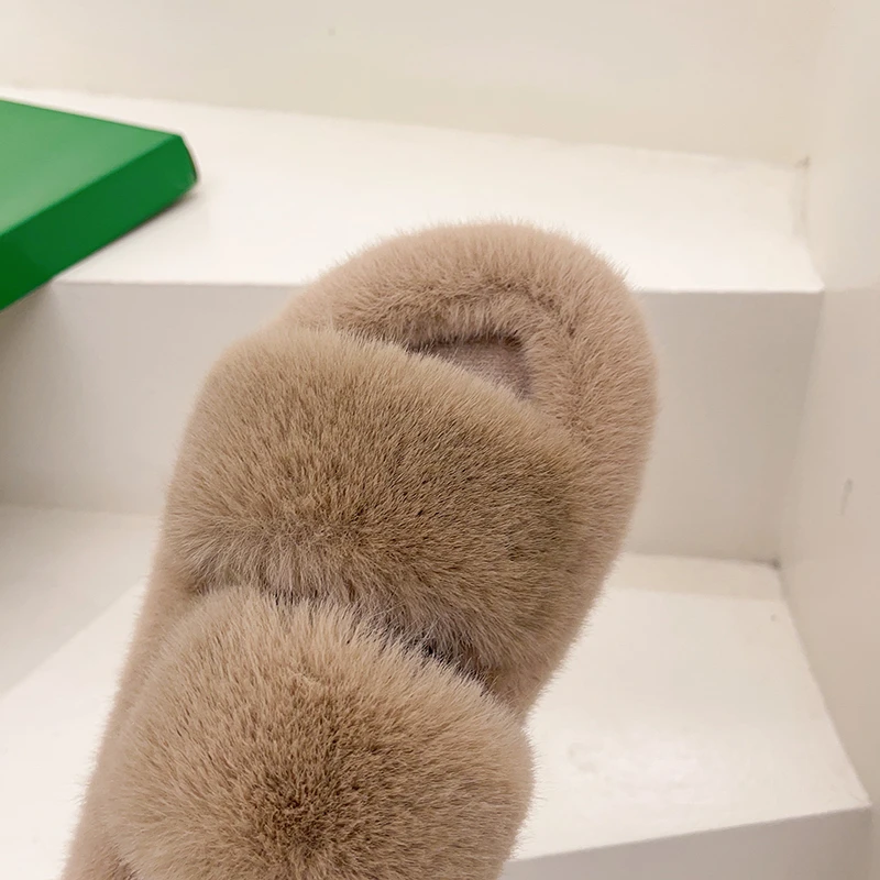 Winter Women House Slippers Faux Fur Flat Warm Shoes Furry Home Slippers Non-slip Solid Hollow out Fuzzy Slippers For Female