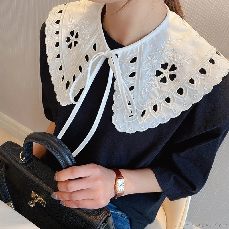

Korean Women White Cotton Fake Collar Shawl Wrap Hollow Out Floral Fish Scales Necklace Scarf Embroidery Short Poncho M24 21