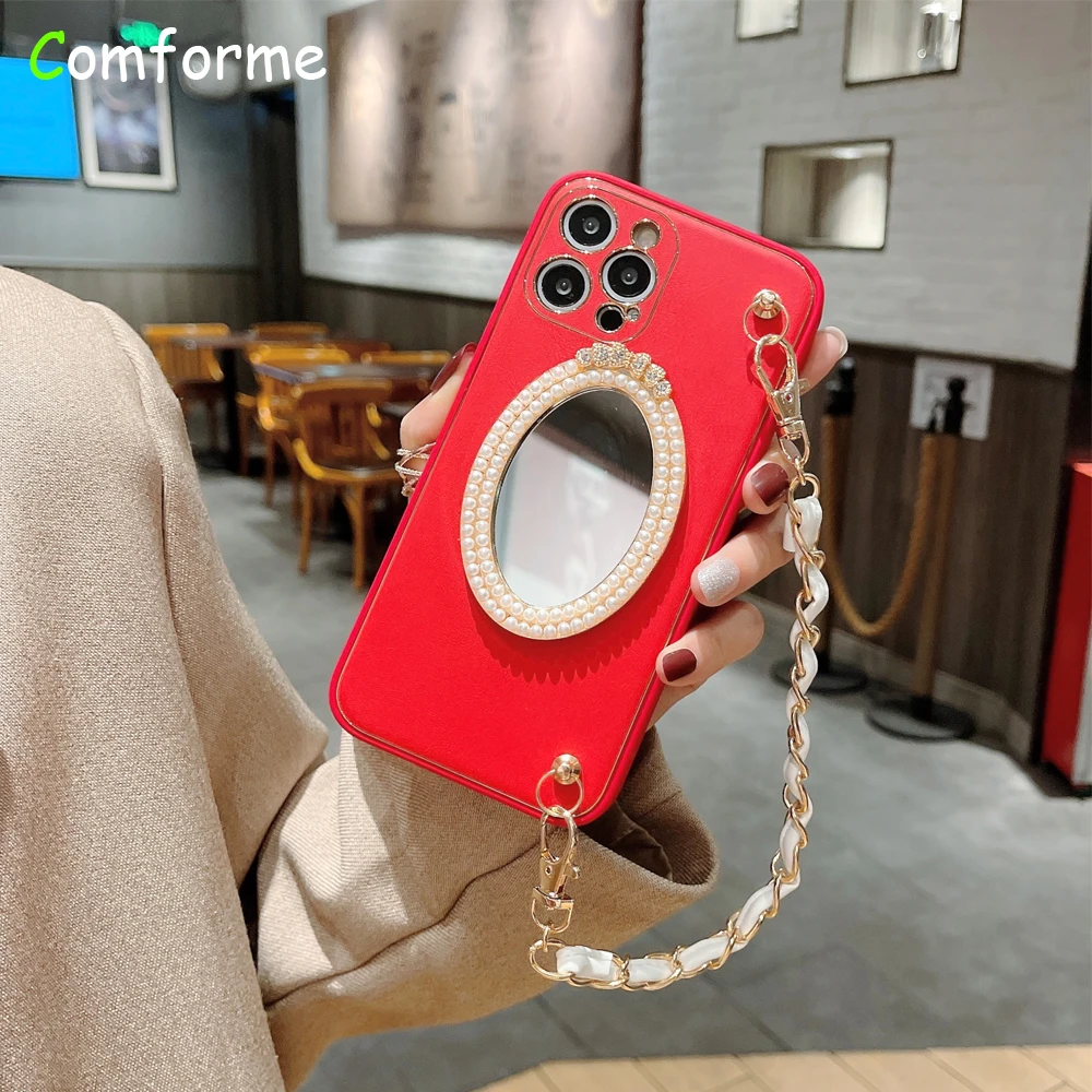 

Pearl Wrist Chain Phone Case for iPhone 11 12 Pro Max X XS XR 7 8 Plus SE 2020 Mirror Soft Back Cover