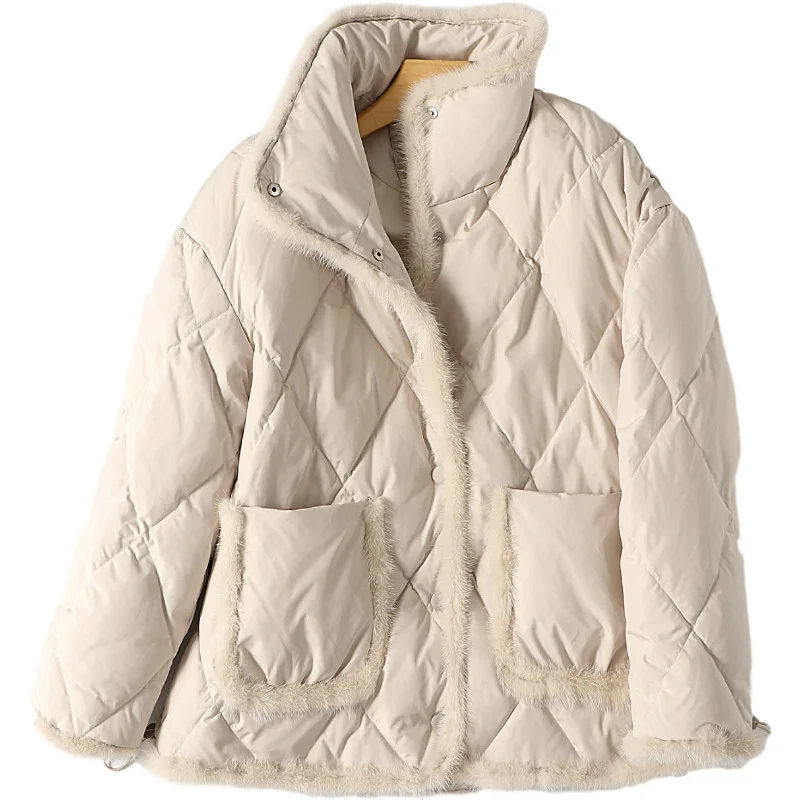 

2021 New Winter Women Argyle Down Jackets Mink Fur Single Breasted Stand Collar Short Coats Korea Thick 90% White Duck Down Coat