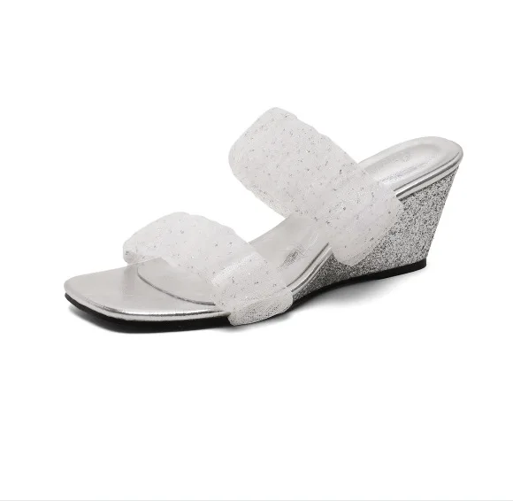 

Square heel High-Heeled Shoes Lady Slippers Women Summer On A Wedge Glitter Slides Pantofle Block Jelly 2021 Fretwork PU Pumps R