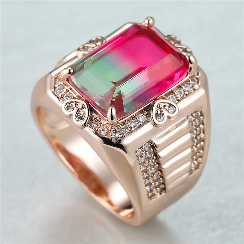 

Luxury Male Female Red Green Crystal Ring Charm Gold Color Wedding Rings For Women Men Promise Square Zircon Big Engagement Ring