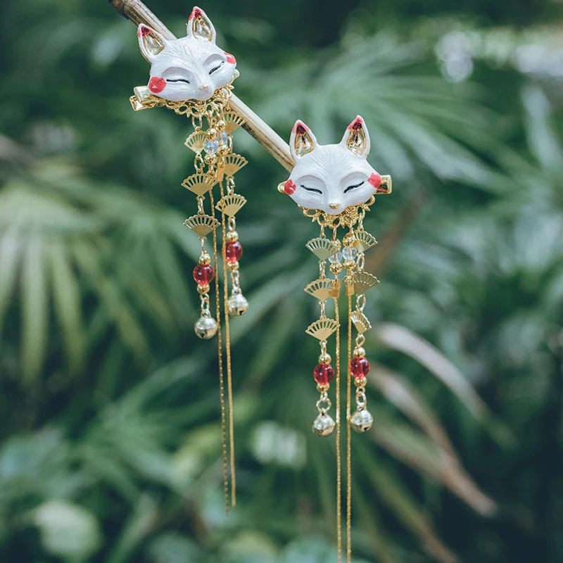 

QIANJI Hanfu headdress antique hair ornaments female antique ornaments accessories pair clip fox tassel step by step