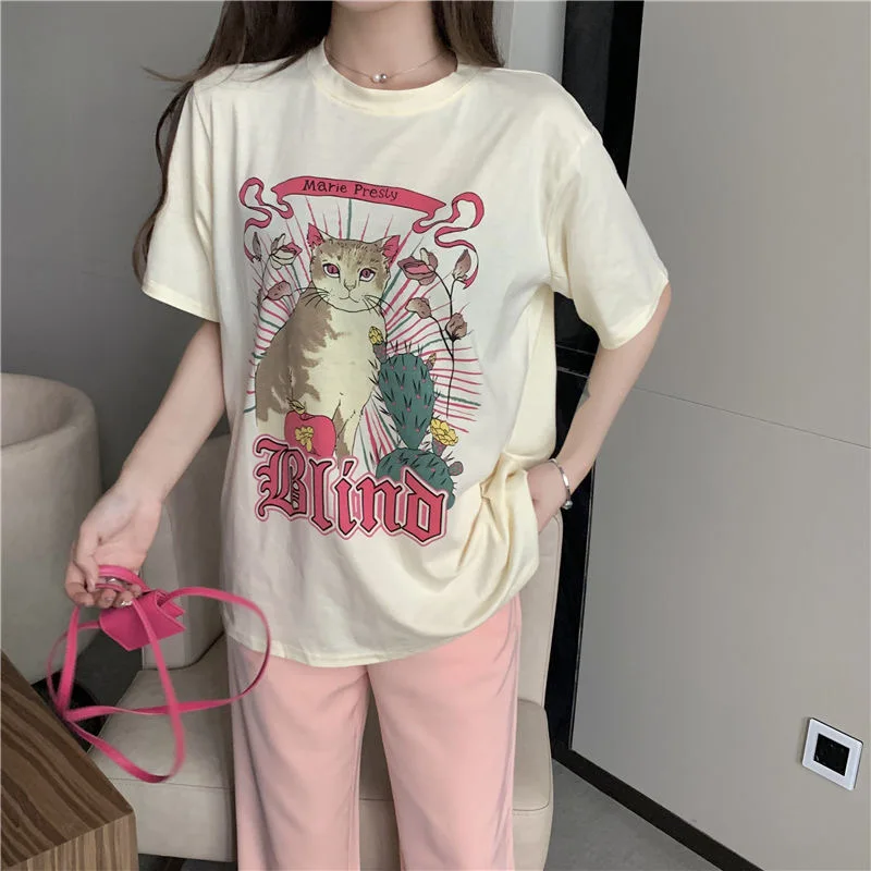 

Женская футболка с коротким рукавом и принтом кота, Харадзюку