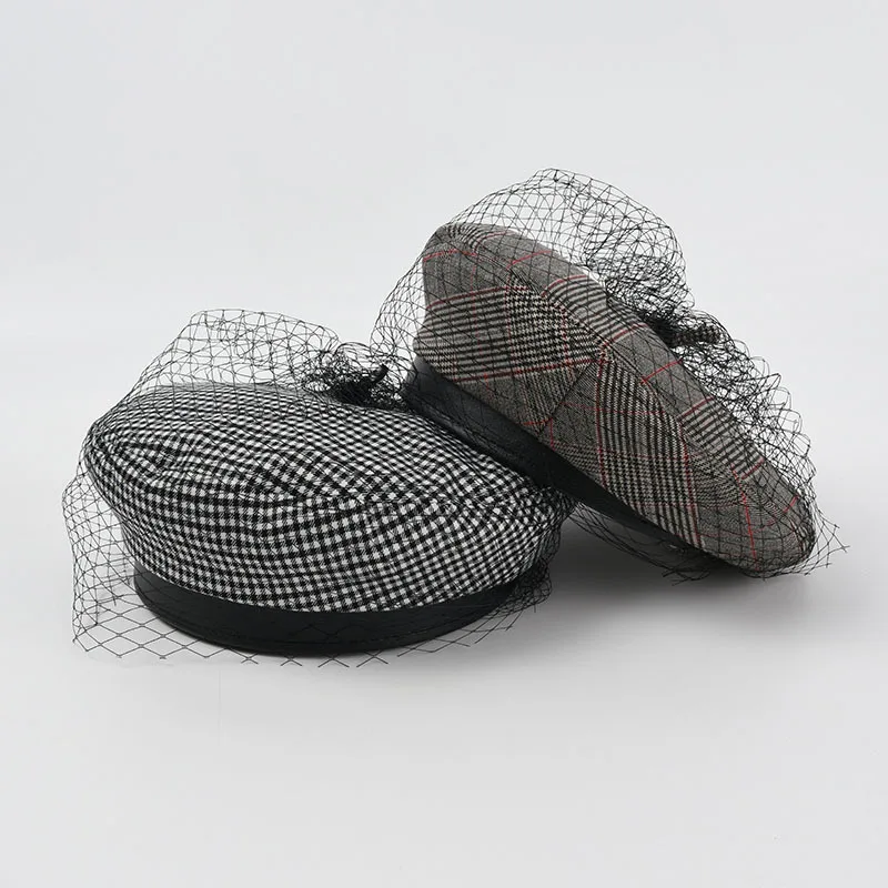 

Fashion Beret Hats For Women Autumn Winter Stripes Lattice Net Yarn Cotton Beanie Hat Travel Female Elegant Windproof New 2021