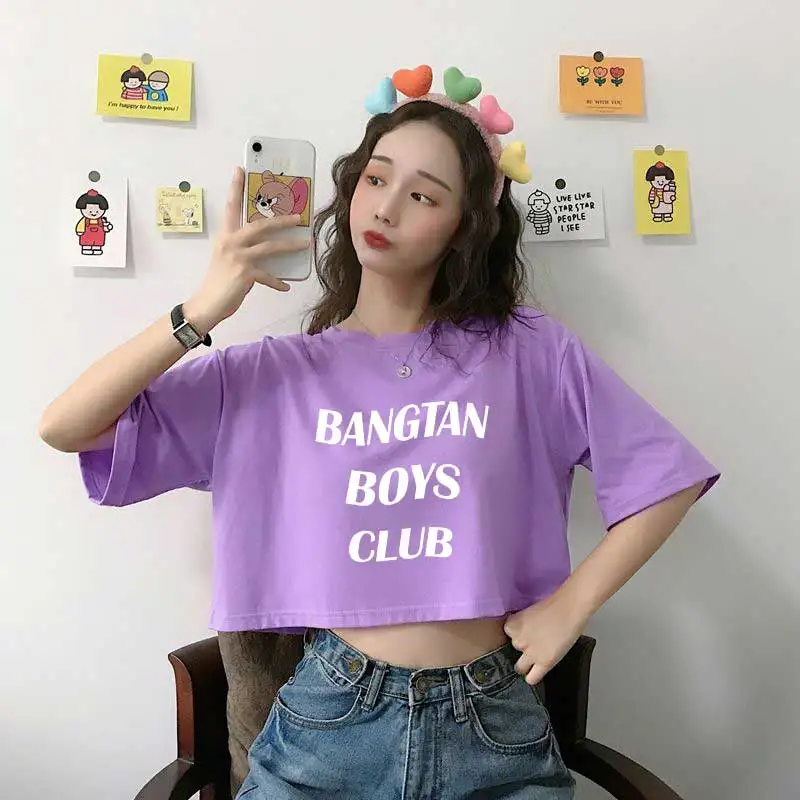 

Женский укороченный топ Bangtan Boys, Клубная белая Повседневная футболка с буквенным принтом в Корейском стиле Харадзюку, универсальная улична...