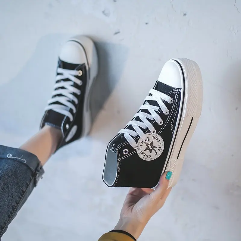 

2021 Women Canvas Shoes Fashion Thick Bottom Sneakers High Cut Lace-up Breathable Shoes for Women Sneakers Waterproof Platform