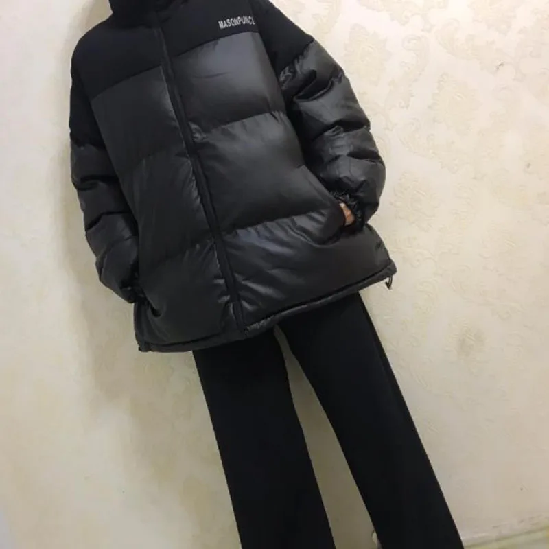 

Splicing Solid Hooded Imitation Leather PU Cotton Coat Female Fashion Casual Loose Jacket Women Winter 2020 New Zipper Clothing