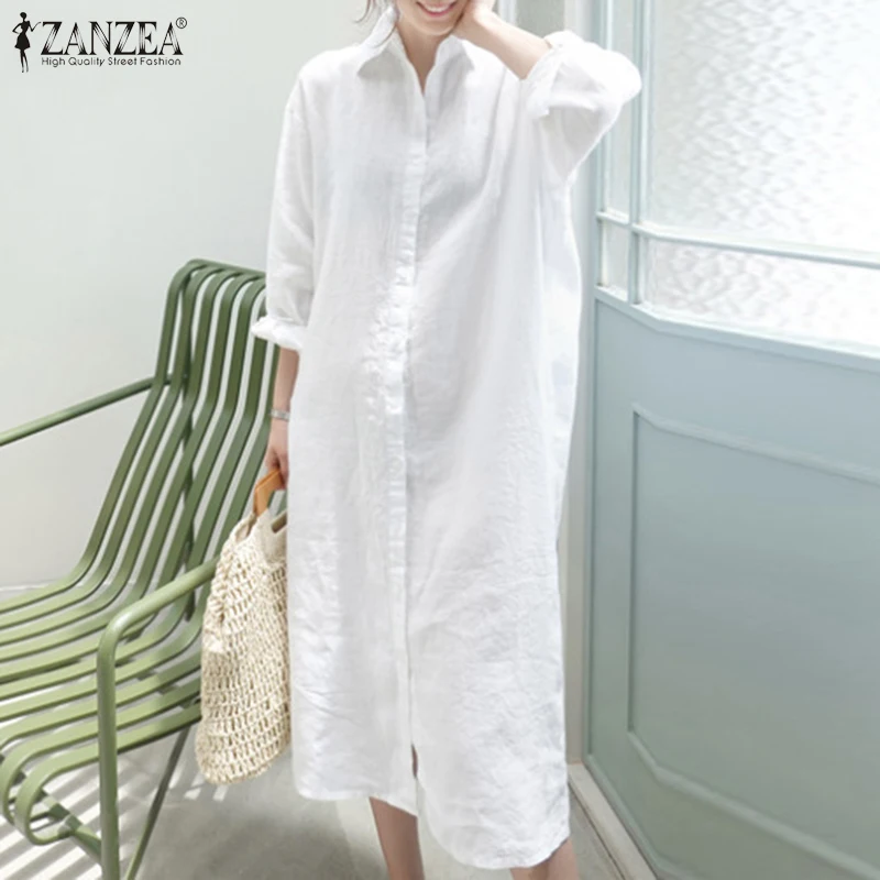 

ZANZEA Women Fashion Solid Button Long Sleeve Casual Robe Street Vestido Longo Shirtdress Femme Long Dress Vintage Faldas Saias