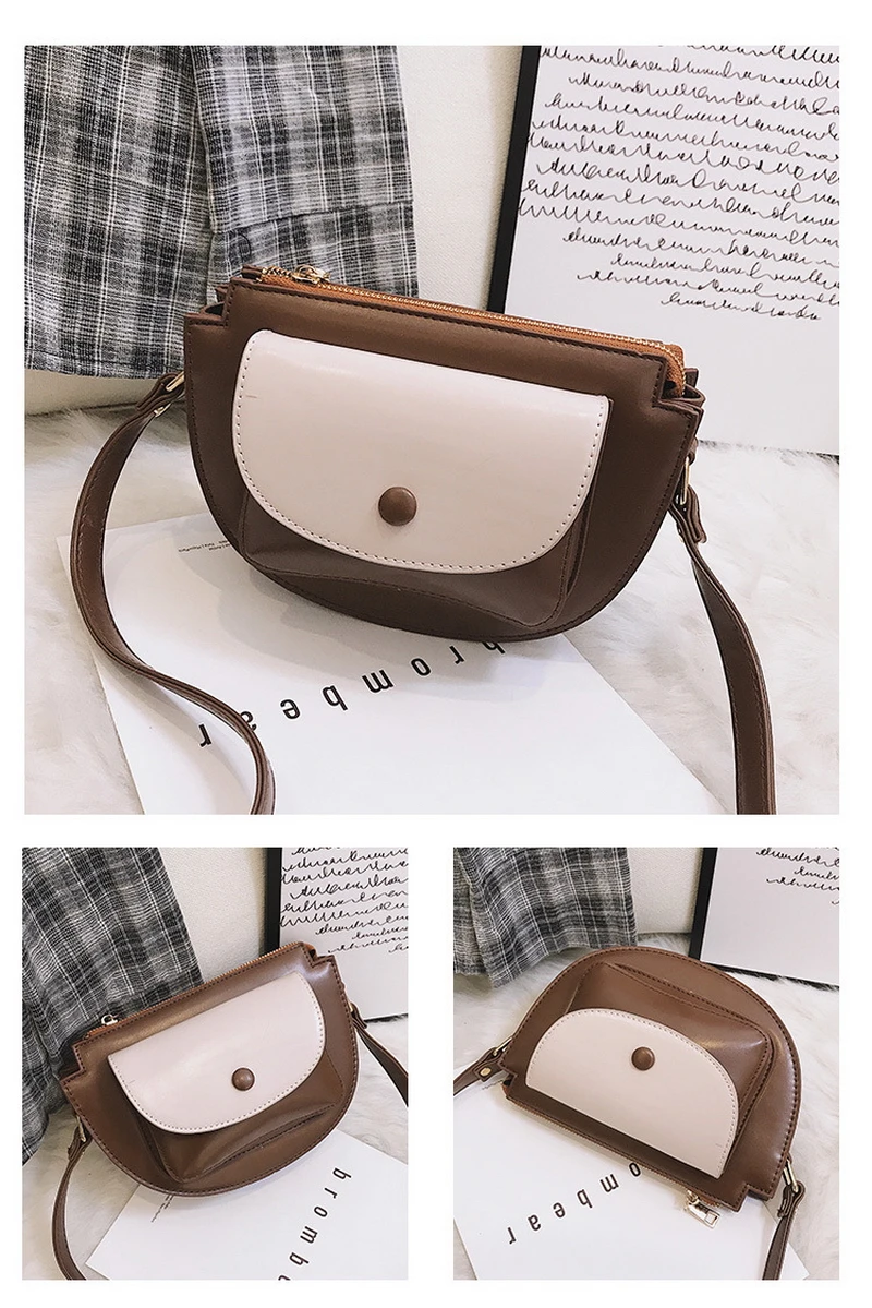 Mododiino Patchwork Saddle Bag Ladies Bag Contrast Color Shoulder Bag Simple Half Moon Women Bag Leather Crossbody Bag DNV1271