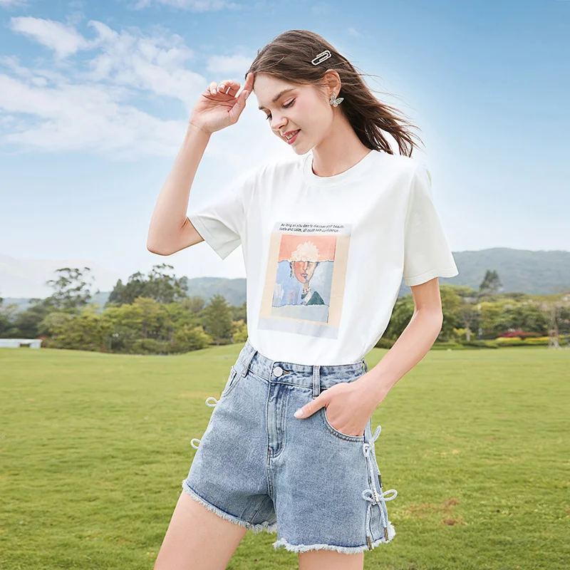 

SHZQ White T-shirt Women's Short Sleeve 2021 Summer New Versatile Design Sense of Minority Personality Loose Print Top
