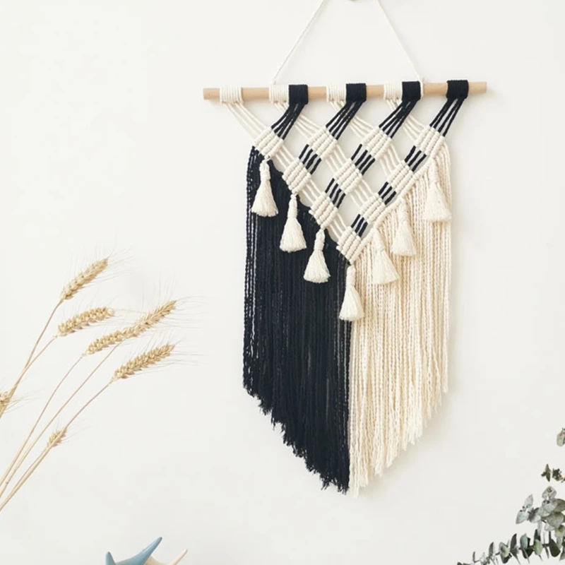 

Nordic Black and White Hand-woven Tapestry Tassel Macrame Wall Hanging Bohemian Hand Knotted Rope Home Decorations for Apartment