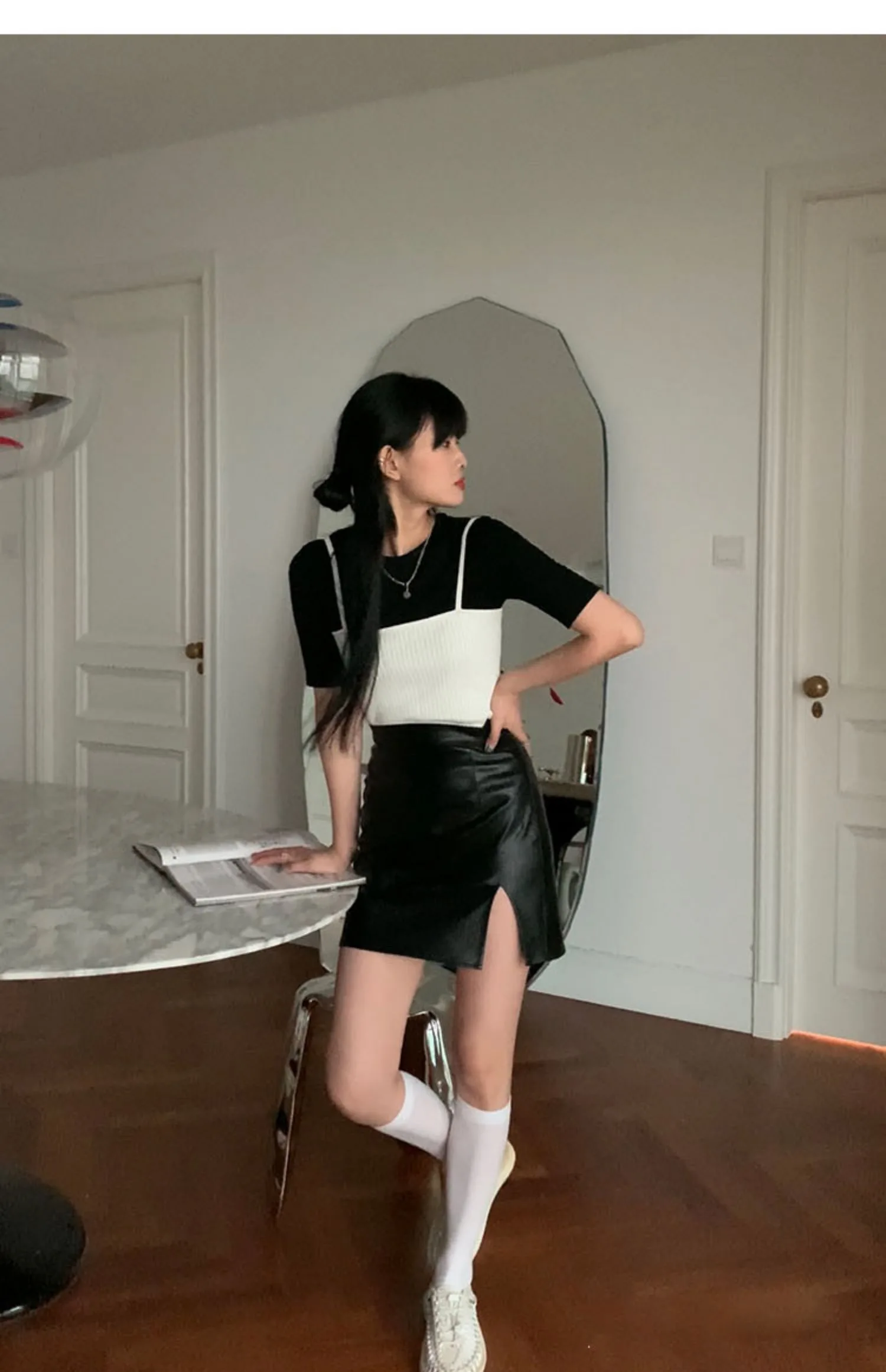 

CX 2021 New Summer Women Black Leather Skirt Spicy Girl High Waist Package Buttocks Split Fork Casual Sexy Leather Skirt