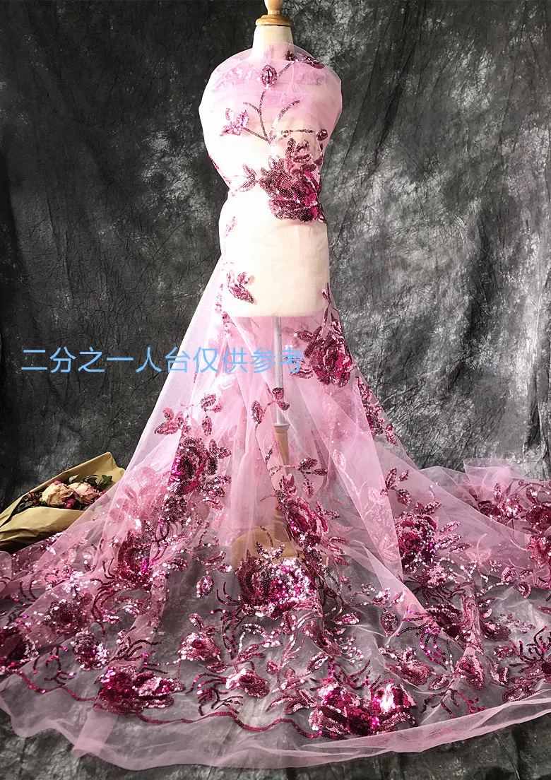 

Hot pink embroidery flowers sequins lace fabric for patchwork 1 yard, 2020 NEW arrival women evening dress lace shiny sequins!