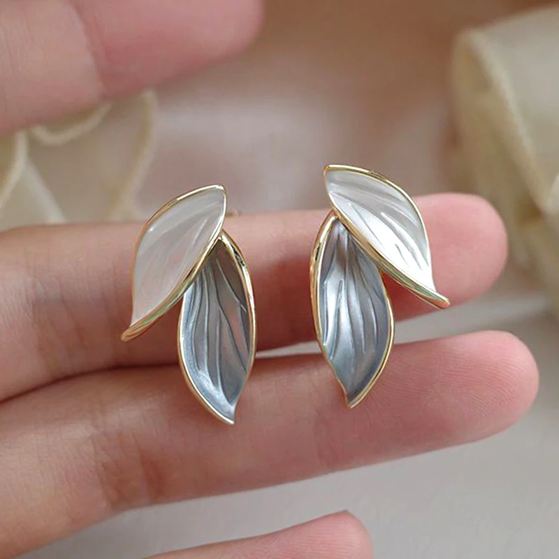 

New Fashion Fine 14K Real Gold Gilded Morandi Enamel Leaves Stud Earrings for Women High Quality Jewelry S925 Silver Needle Gift