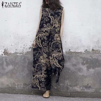 womens printed jumpsuits zanzea 2021 vintage floral tank overalls casual zipper wide leg pants female summer rompers