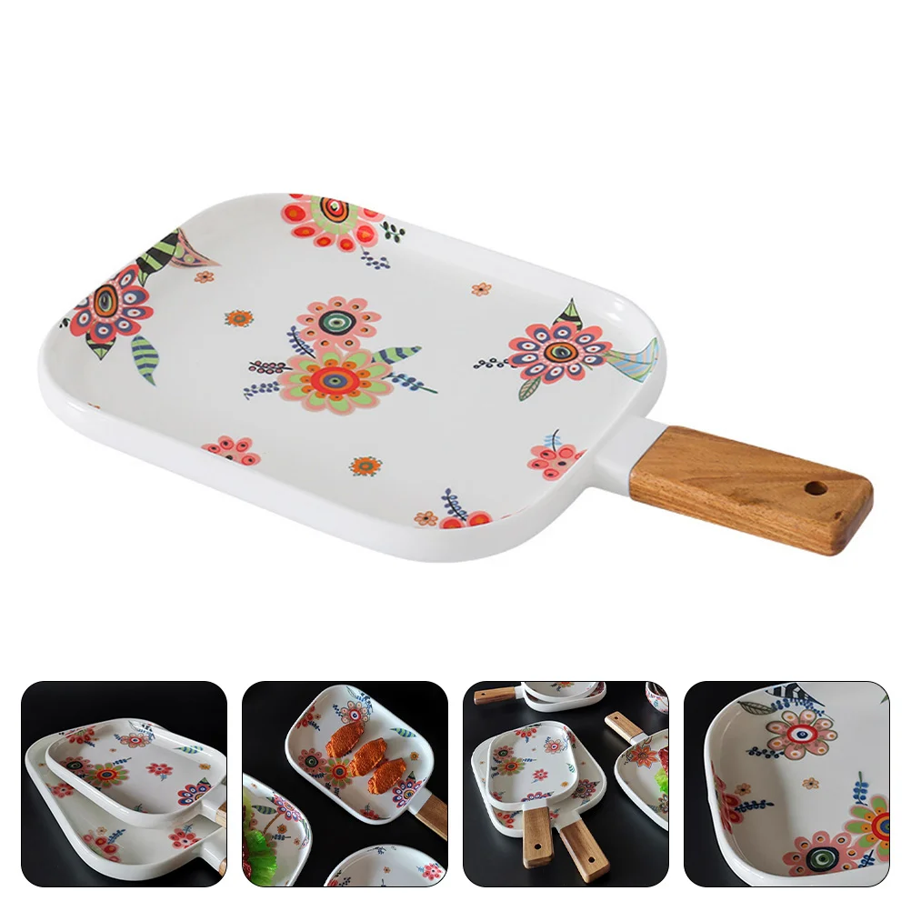 

1pc Food Serving Dish Steak Plate with Handle Pizza Dish Dessert Plate