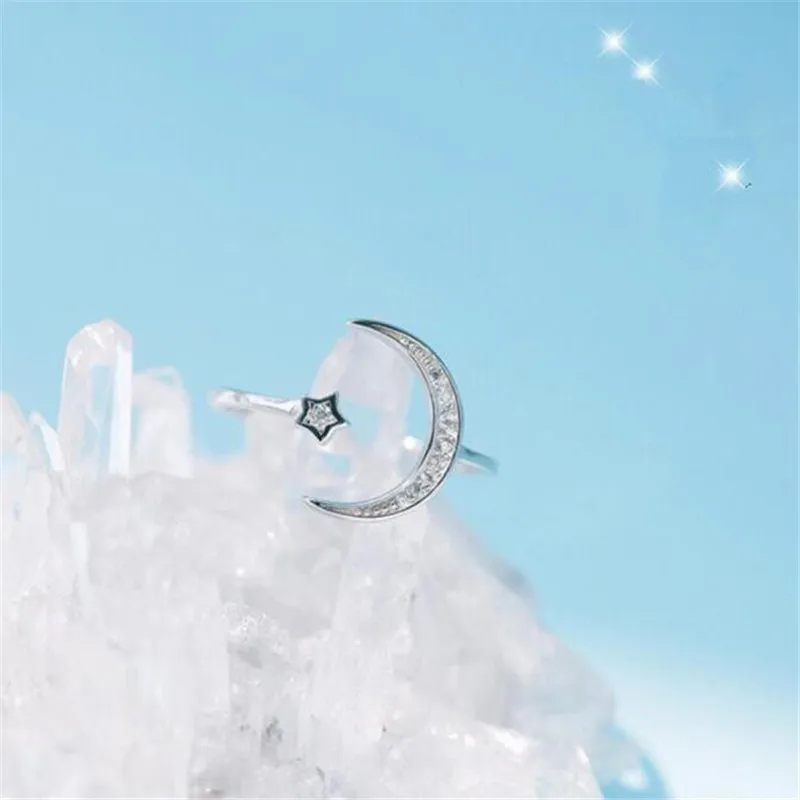 

Wedding Luxurious Real 100% 925 Sterling Silver Moon Star Open Rings For Women Lady New Trendy Fine Jewelry R005