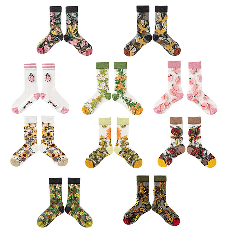 

Новые шелковые носки Harajuku с кристаллами, забавные Подсолнухи, лоза, цветы, счастливые женские носки, повседневные женские носки