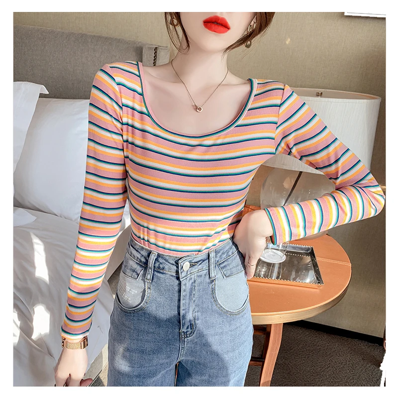 

2021 Spring New Ice Cream Color Girl Sweet Cute Tee-Shirt Autumn Female Rainbow Striped Slim T Shirts Women Clothes T-Shirt Tops