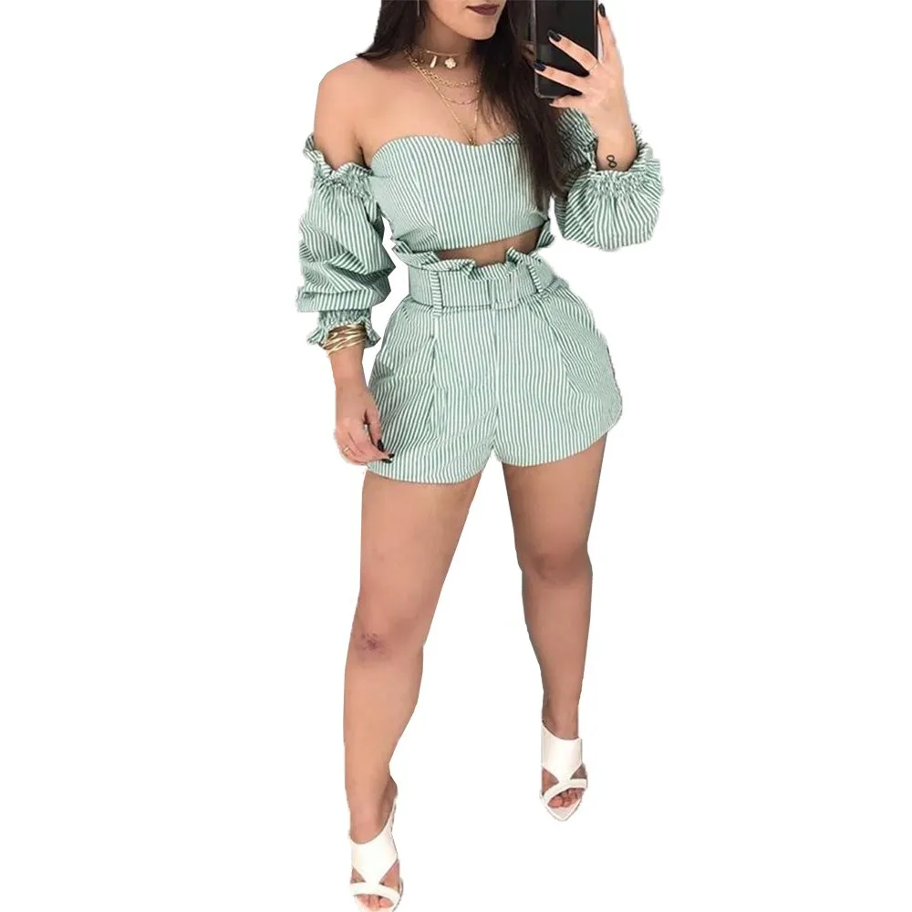 Striped Ruffles Sexy 2 Piece Matching Set Casual Women Clothes Slash Neck Crop Tops And Causal Shorts Plus Size Summer | Женская одежда