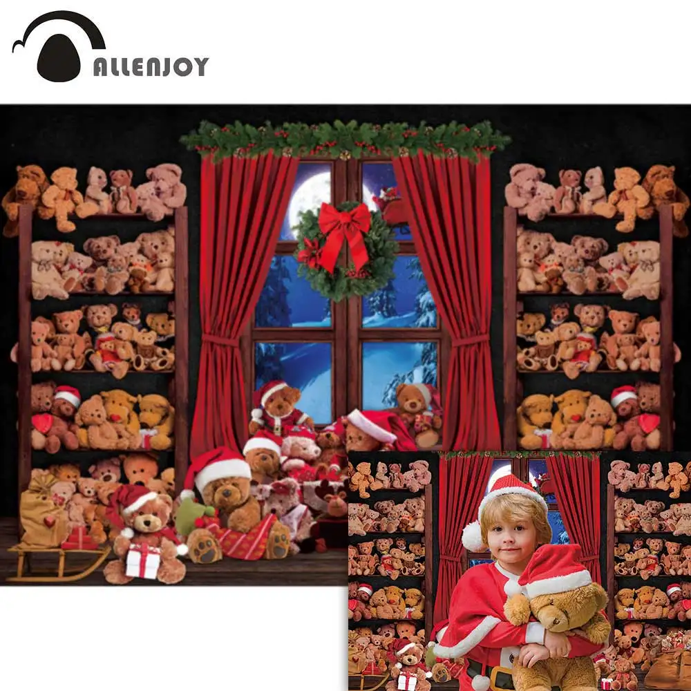 

Allenjoy Merry Christmas Window Bear Backdrop Photography Winter Xmas Holiday Bear Toys Santa Gifts Birthday Party Decor Banner