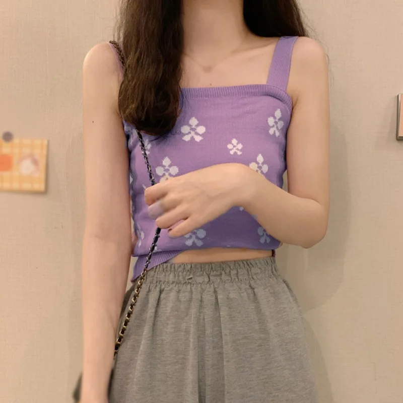 

Sexy Flower Knitted Tank Tops Summer Floral Embroidery Top Sleeveless Short Tank Top Femme Knitting Sweet Short Crop Top