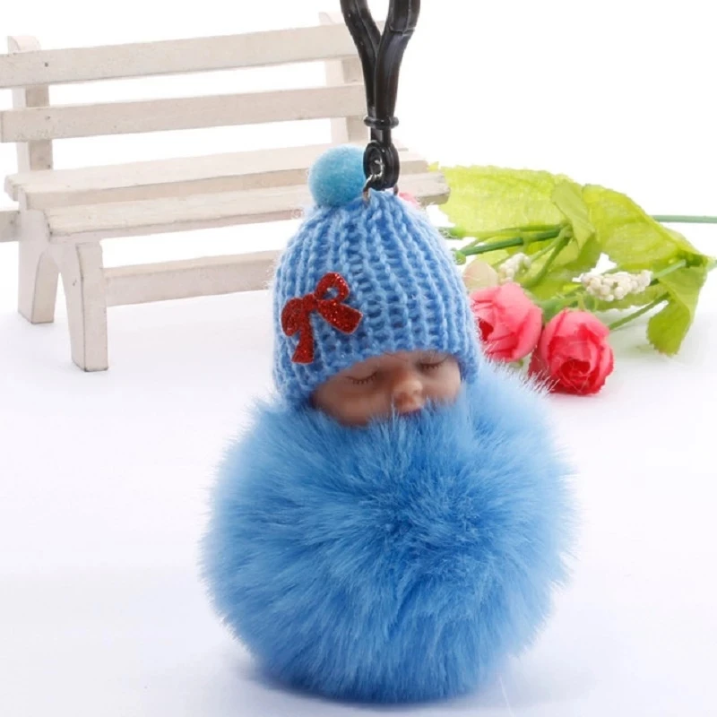 10pcs Baby Doll Toy Cute Sleeping Key Chains For Women Bag Ring Fluffy Pom pom Faux Fur Plush Keychain | Дом и сад