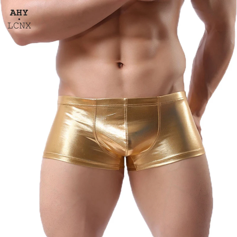 

2020 New Fashion Sexy Boxers Shorts PU Faux Leather Underpants Men Plus Size Mens Boxer U Convex Pouch Low waist Male Underwear