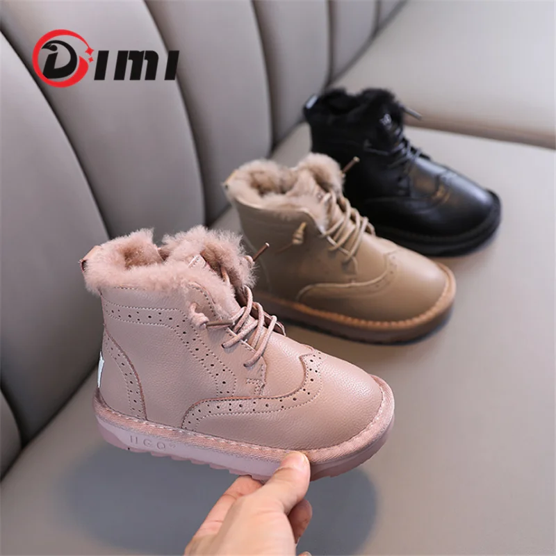DIMI 2022 New Winter Children Shoes Genuine Leather Warm Plush Girls Boots Waterproof Boys Cotton Shoes Fashion Kids Snow Boots