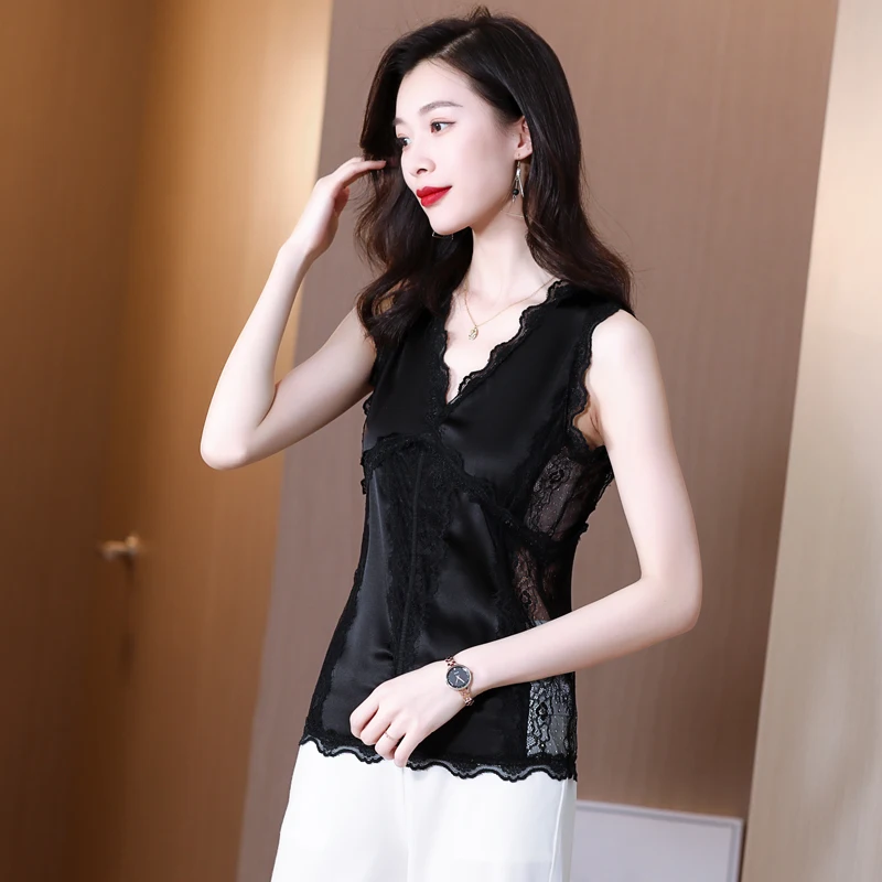 

New Fashion Silk Women Blouses Lace Sleeveless Women Tops and Bloues Loose Plus Size XXXL Black Womens Sexy Tops