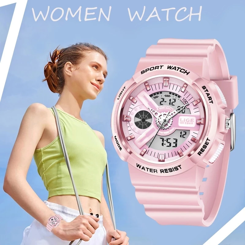 

LIGE Top Brand Pink Women's Watches 50M Waterproof Sports Wristwatch Ladies Quartz Watch Swimming Reloj Mujer Relogio Feminino