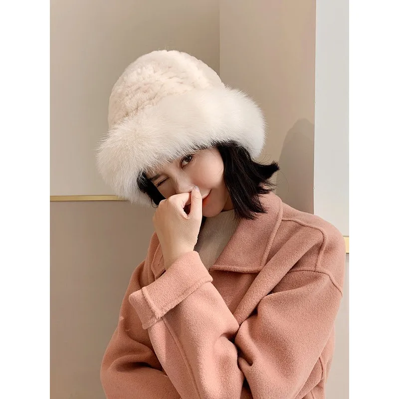 2020 Autumn and Winter New Rex Rabbit Fur with Fox Fur Korean Style Small round Hat Basin Hat Thin Face Fisherman Hat Winter