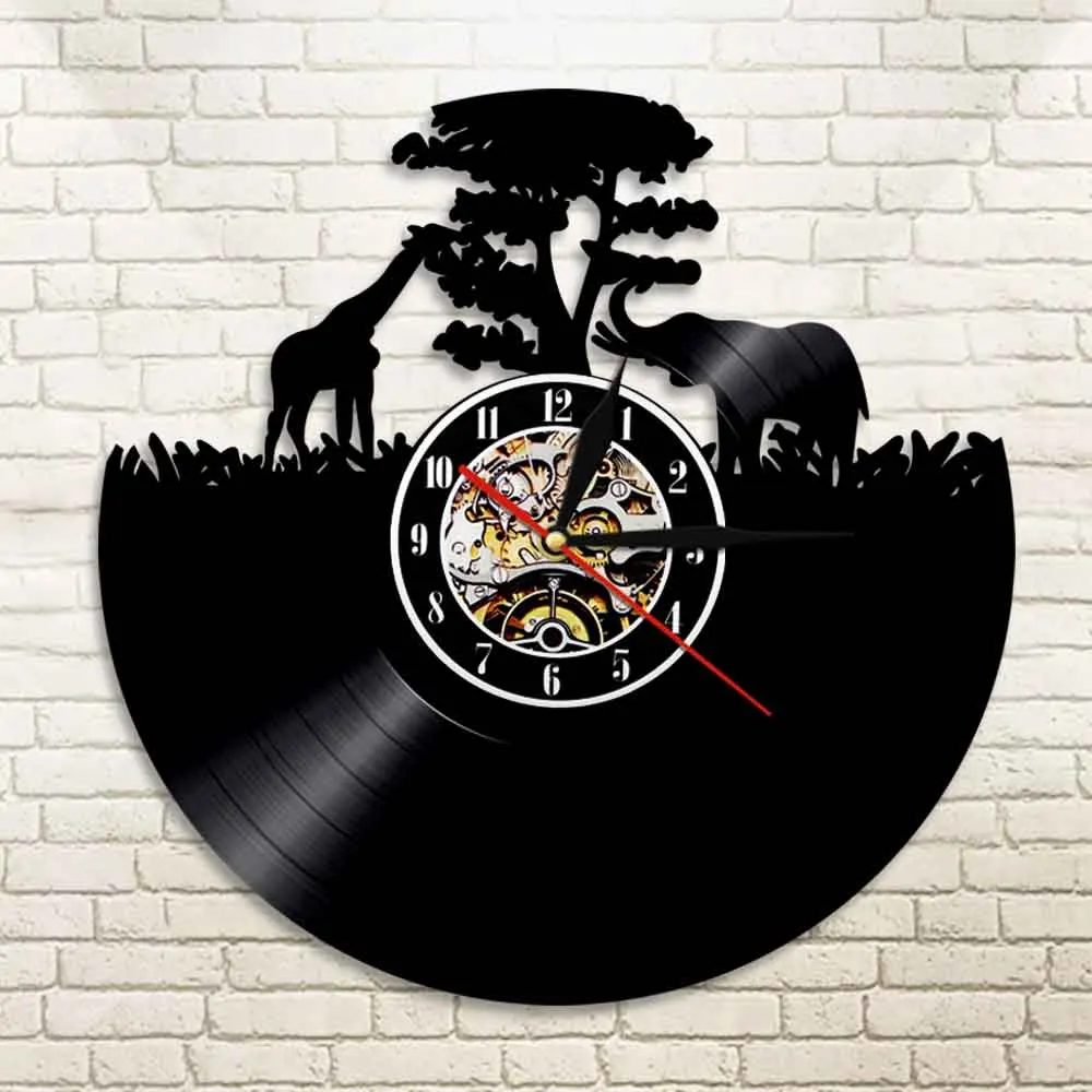 Жирафами и слон виниловых пластинок настенные часы в африканском стиле закат с