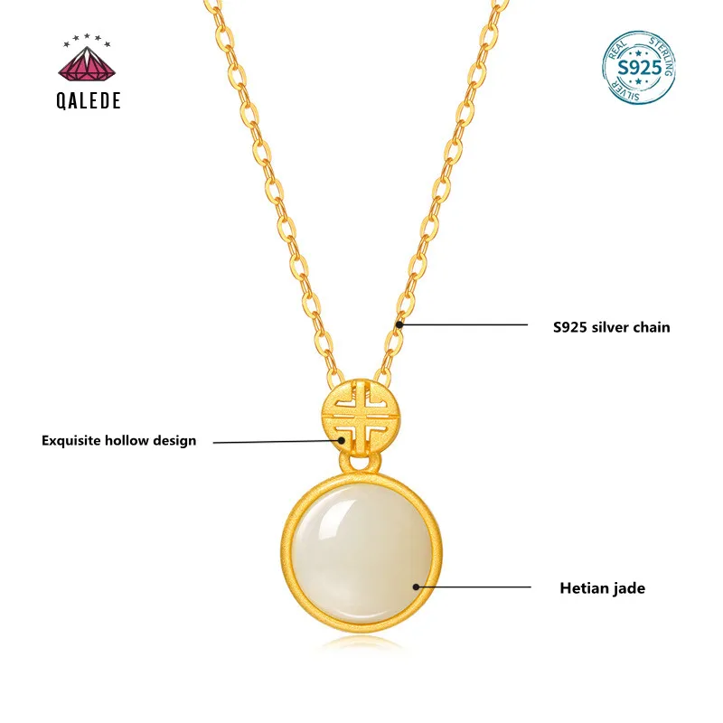 

QALEDE Women's Necklace S925 Silver Inlaid Hetian Jade Pendant Ruyi Jade Edge Fashion Clavicle Chain With Jewelry Holiday Gift