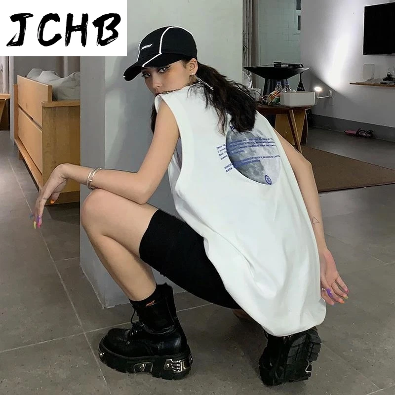 

2021 Highstreet Sleeveless T-shirt Female Summer New Hip Hop Loose Aesthetic Long Top Letter Printed Tees Harajuku Women Clothes
