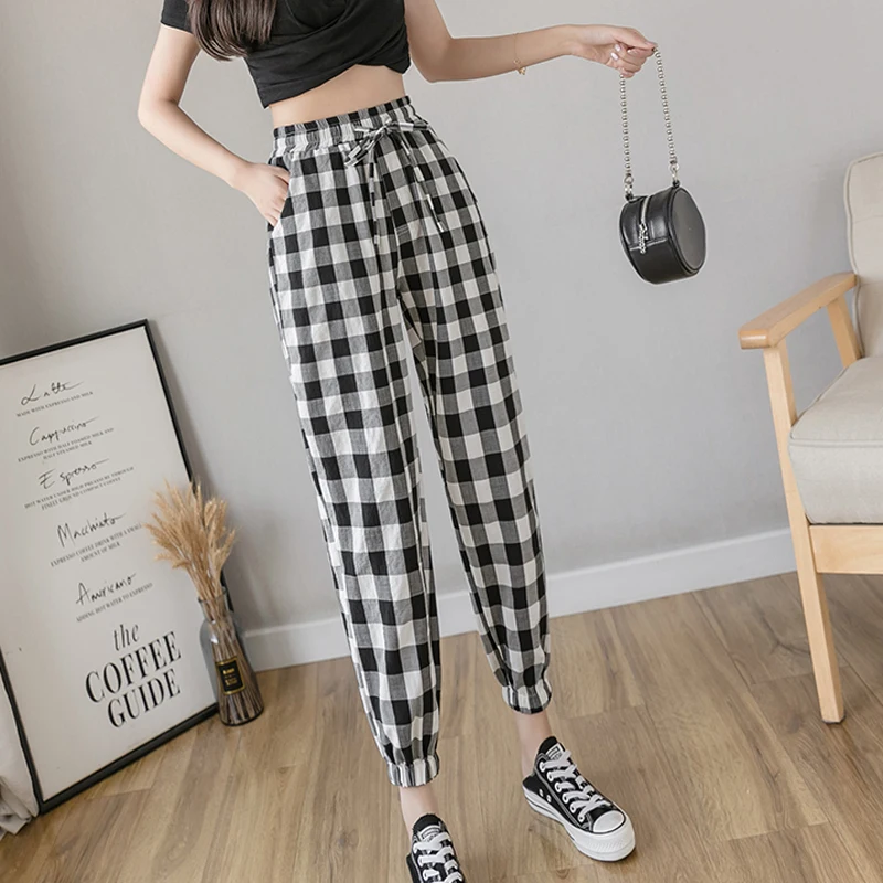 Брюки женские хлопковые в клетку с высокой талией и карманами | Женская одежда