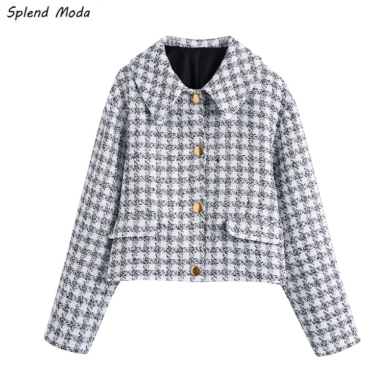 

Splend Moda Autumn Fashion Vintage Casual Turn Down Collar Long Sleeve Single Breasted Houndstooth Woolen Straight Jacket Women