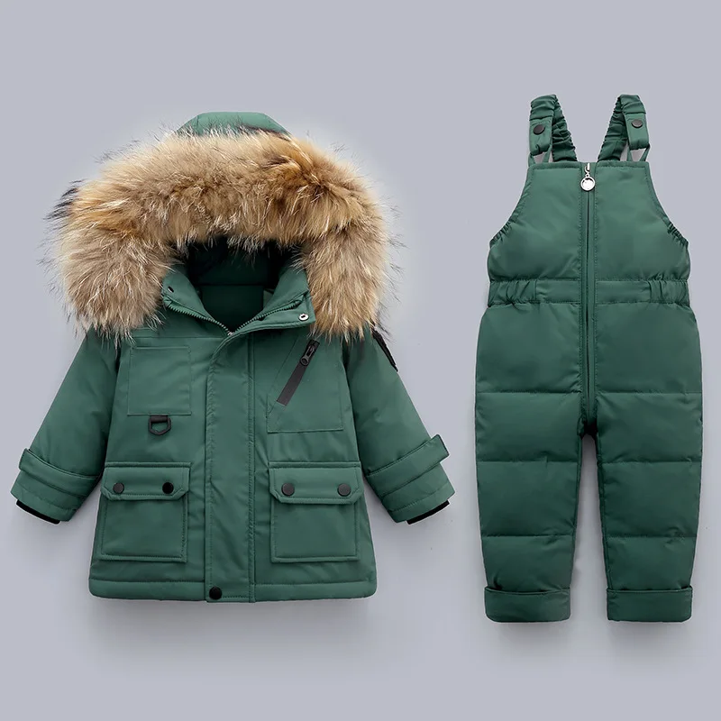 New Winter Children Fashion Snowsuit Clothing Sets For Girls Boys 80%White Duck Down Jacket+Overalls Solid Thicken Suit 1-4Yr |