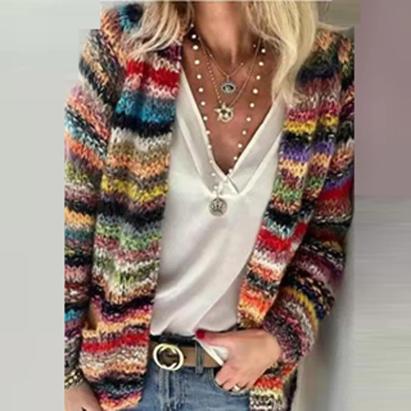 

Retro Colorful Striped Print Knitted Cardigan Women 2021 Spring Long Sleeve Loose Open Stitch Top Coat Casual Streetwear Outwear