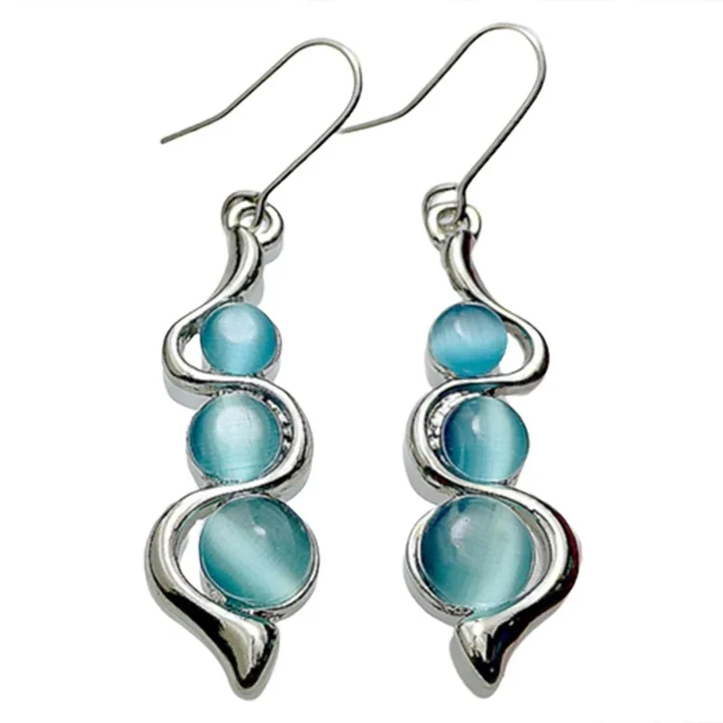 

Hylan Cat's Eye Gemstone Wave Earrings for Women Blue Opal Elegant Drop Dangle Earrings Pendant Jewelry Party Wedding