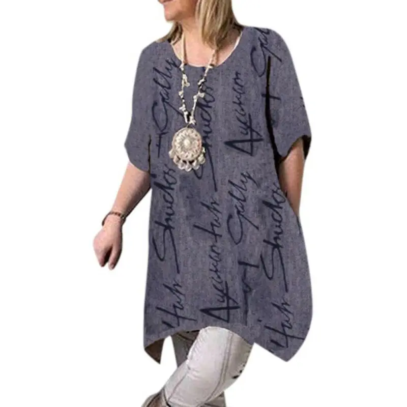 

Свободная футболка, Женский Асимметричный Длинный топ, Женская Повседневная футболка с коротким рукавом и буквенным принтом, женские топы