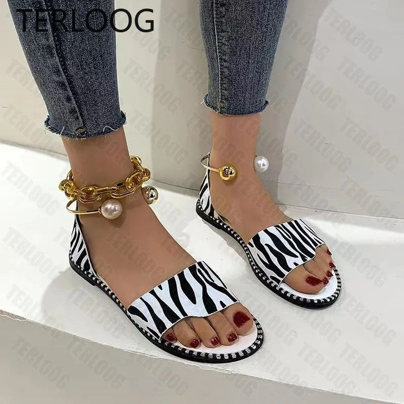 

New Women New Leopard Metal Beaded Open Toe Sandal Slippers Shoes Women Lady Flat Flip Flop Casual Flats Slingback Sandals Shoes