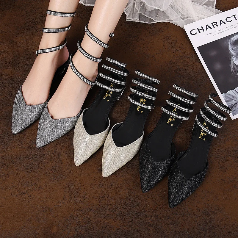 

Rhinestone winding Baotou sandals female fairy style flat bottom new net celebrity pointed toe women's shoes summer fashion shoe
