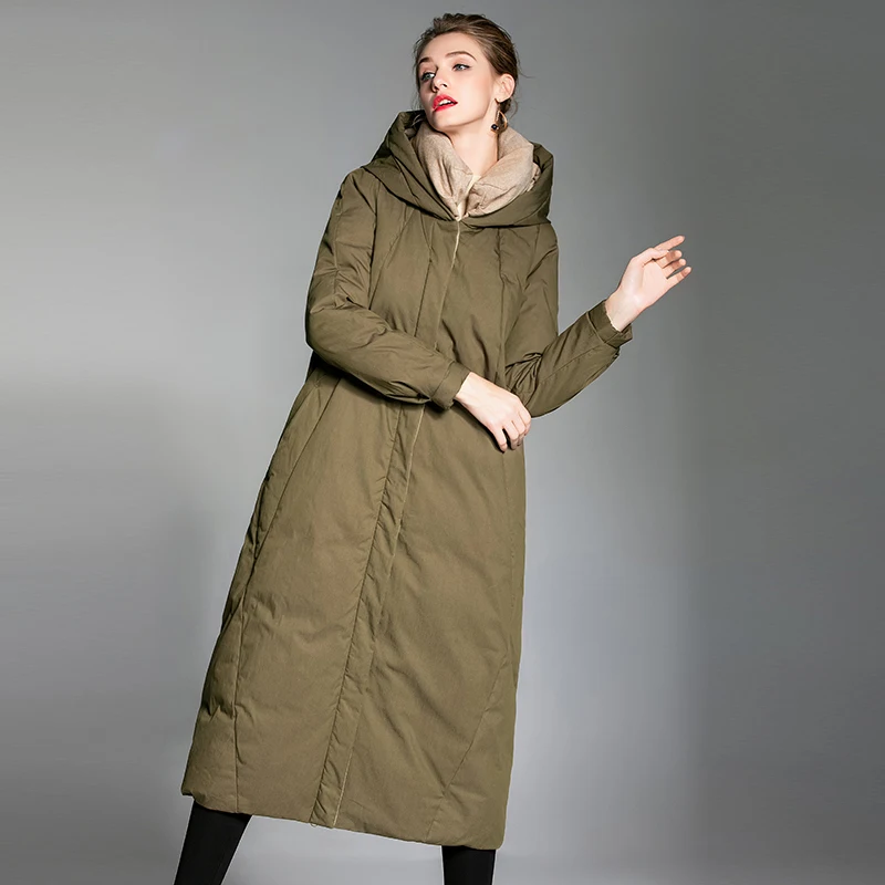 Winter Womens Puffer Jacket Green Long Coats Warm Down Coat Fashion Hooded Patchwork Coat