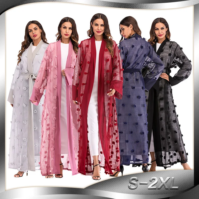 

Dubai Arab Muslim Open Abaya Dress Women Applique Lace-up Long Robe Jubah Turkey Islamic Clothing Ramadan Hijiab Dress 2 pieces