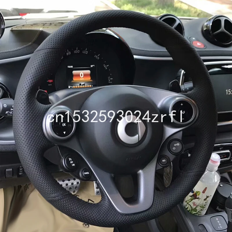 

For Benz smart 2018 Black Leather DIY Hand Sewing Car Steering Wheel Cover